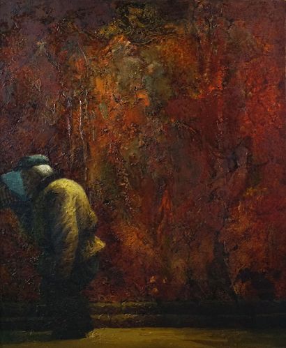 YU, Xiaoyang (1950-) 
"Passant devant mur rouge" 
Huile sur toile 
Signée en bas...