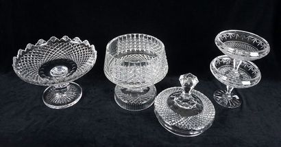 null Cut crystal set including a fruit tray, two cups, one of which is marked WATERFORD...