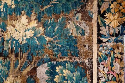 null Aubusson tapestry with foliage decoration, 

an abbey in the center and two...