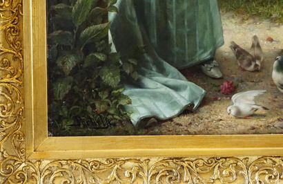  PORTIELJE, Jan (1829-1908) 
Élégante aux oiseaux 
Huile sur toile 
Signée en bas...