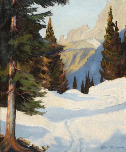 RIORDON, John Eric Benson RCA (1906- 1948) Montagnes en hiver Huile sur isorel Signée...