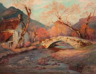 POINT, Armand (1860-1932) Paysage avec maison et pont de pierre Huile sur toile Signée...