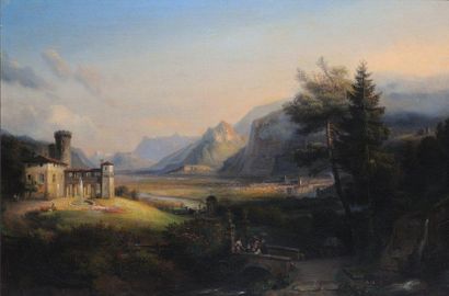 RICOIS, François Edme (1795-1881) Paysage de montagnes avec château Huile sur toile...