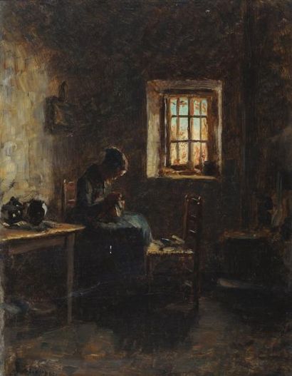 FRERE, Pierre Edouard (1819-1886) Femme cousant devant la fenêtre Huile sur panneau...