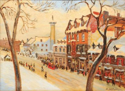 PATTISON, Albert Mead (1887-1957) Scène du Vieux Montréal en hiver Huile sur panneau...