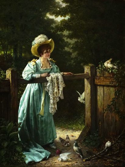PORTIELJE, Jan (1829-1908)
Élégante aux oiseaux
Huile...