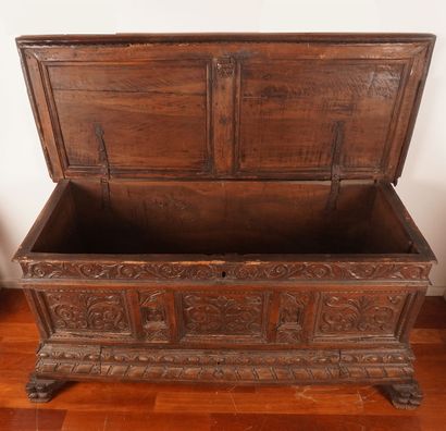 null Cassone in natural wood richly carved with foliage, fruits, symbols, piastres...