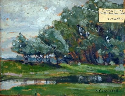null JACKSON, Alexander Young (1882-1974)
Landscape with Hills (reverse: By the Pond)
Oil...