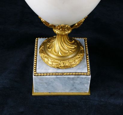 null Pair of white marble vases, or cassolettes, mounted on a square grey marble...