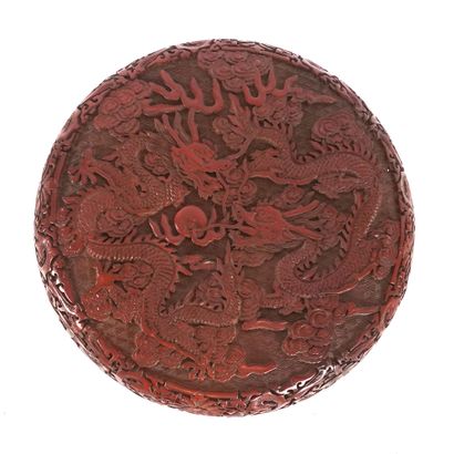 null CHINE / CHINA 

Coffret laqué cinabre décoré d'un dragon. Marque du règne de...