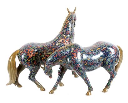 null CHINE / CHINA

A pair of copper cloisonné 'Twin Horses' statues. Ch'ieng-lung...
