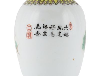 null CHINE / CHINA

Vase en porcelaine, à décor de paon parmi des fleurs. 
Chine,...