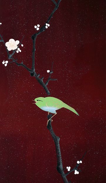 null VIETNAM 

Lacquered wood panel with painted decoration of a bird on a prunus...