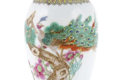 null CHINE / CHINA

Vase en porcelaine, à décor de paon parmi des fleurs. 
Chine,...