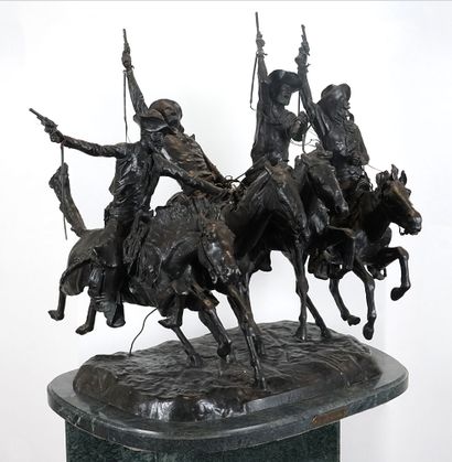 null After Frederic REMINGTON (1861-1909)
"Coming Thru the Rye"
Bronze on marble...