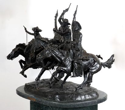 null After Frederic REMINGTON (1861-1909)
"Coming Thru the Rye"
Bronze on marble...