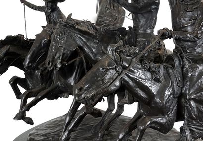 null After Frederic REMINGTON (1861-1909)
"Coming Thru the Rye"
Bronze on marble...