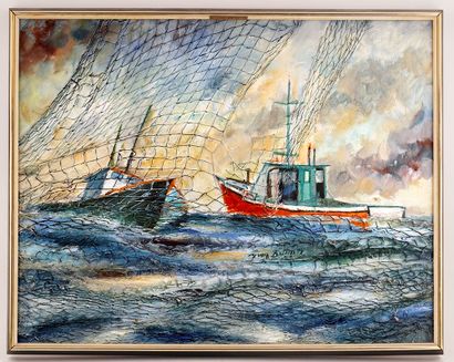 null BRETON, Yvon (1942-)
"Goélettes / Boats"
Huile et collage sur toile
Signée et...