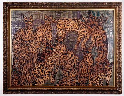 null SLONEM, Hunt (1951-)
"Ocelots"
Oil on canvas
Signed, dated and titled on the...