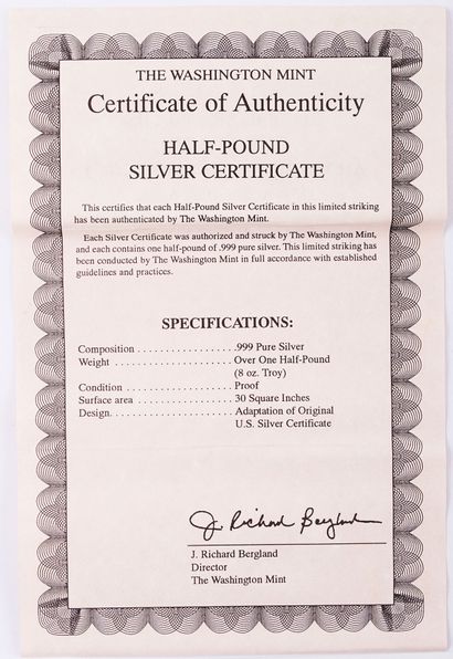 null FIVE HUNDRED SILVER DOLLARS (1996)
Half-pound .999 recto-verso silver bar inscribed...