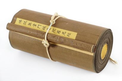 Scroll presenting calligraphed Buddhist sutras.
Ink...