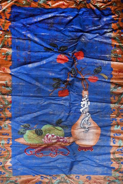 null CHINA 

Ink and polychrome painting on canvas, decorated on a blue background...