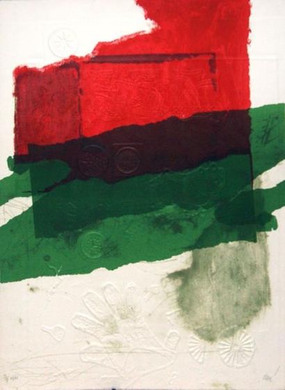 CLAVÉ, Antoni (1913-2005) Composition en rouge et vert Carborudum Signé en bas à...
