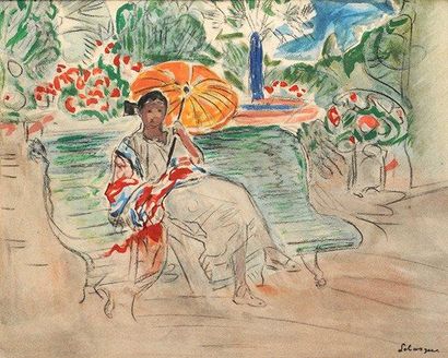 LEBASQUE, Henri Baptiste (1865-1937) Dame au parasol Aquarelle sur papier Signée...