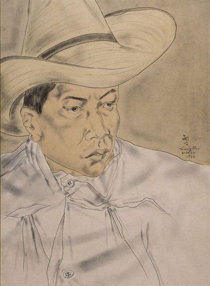 FOUJITA, Tsuguharu (1886-1968) Portrait d'un mexicain au chapeau Encre et gouache...