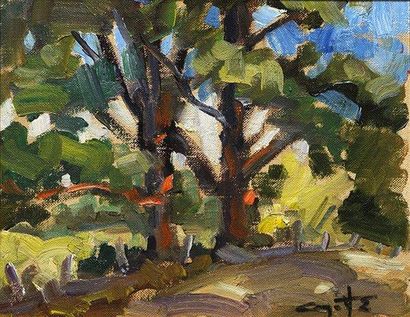 AYOTTE, Léo (1909-1976) "Les deux arbres" Huile sur carton toile Signée en bas à...