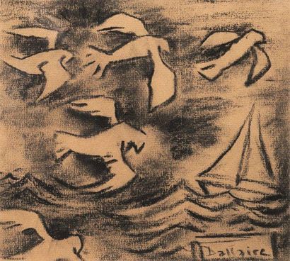 DALLAIRE, Jean-Philippe (1916-1965) Oiseaux et voilier Fusain sur papier Signé en...