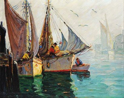 PÉPIN, Jean-Paul (1897-1983) Bateaux de pêche amarrés Huile sur carton toile Signée...