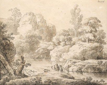 DIETRICH, Christian Wilhelm Ernst (1712-1774) Paysage Crayon et lavis Monogrammé...