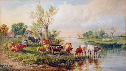 COOPER, Thomas Sidney (1803-1902) Paysage de campagne avec vaches Aquarelle sur papier...