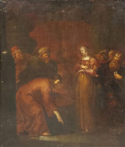 ECOLE HOLLANDAISE (XVIIème siècle) Le christ et la femme adultère Huile sur panneau...