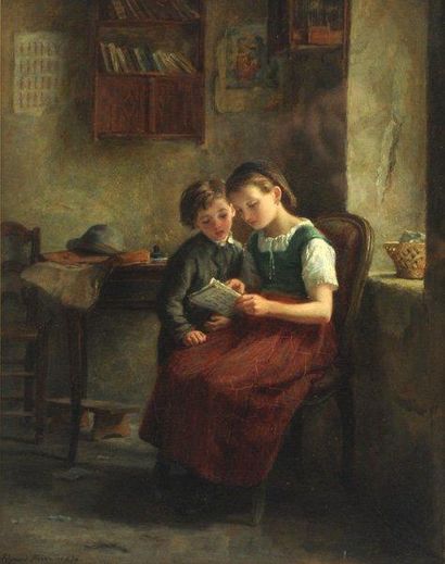 FRÈRE, Louis-Pierre Edouard (1819-1886) «The first lesson» Huile sur panneau Signée...
