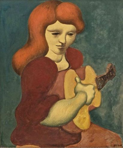 NERON, Michel (1931) Femme à la guitare Huile sur toile Signée et datée en bas à...