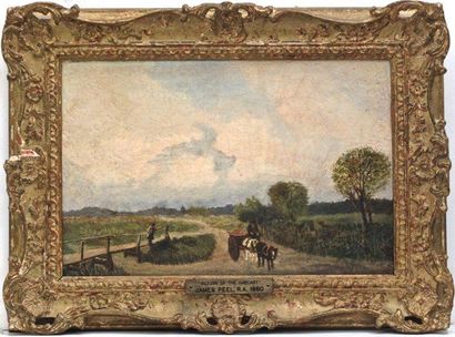 PEEL, James (1811-1906), Attribué à "Return of the Haycart" Huile sur bois Cartel...