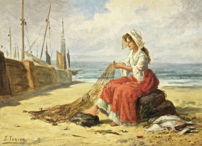 TURNER, John (XXème siècle) Femme au filet de pêche Huile sur toile Signée en bas...