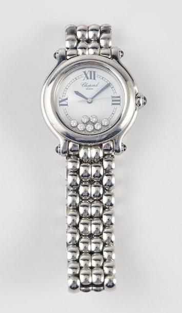 CHOPARD "HAPPY SPORT" Bracelet-montre en acier inoxydable, cadran blanc orné de sept...
