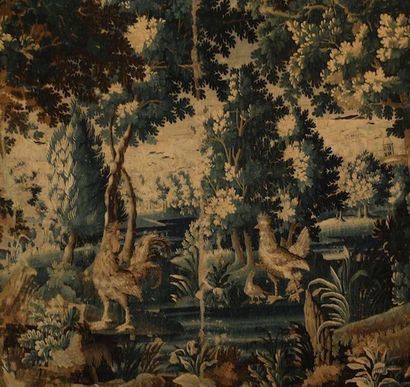 AUBUSSON, Flandres, XVIIIème siècle Fragment de tapisserie AUBUSSON en verdure, frondaison...