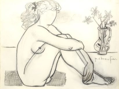 BEAULIEU, Paul Vanier RCA (1910-1996) Nue et vase Fusain sur papier Signé en bas...