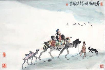 XU SHUZHI (1922-) Homme, sa femme et son enfant à dos de chameau. Encre et aquarelle...