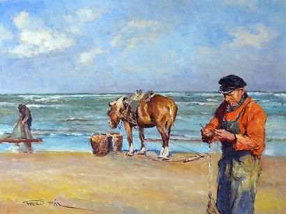 PAL, Fried (1893-1976) Pêcheur et cheval au bord de la mer Huile sur toile Signée...