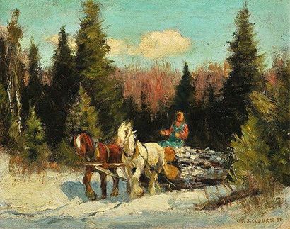 COBURN, Frederic Simpson (1871-1960) "The logging team" Huile sur panneau Signée...