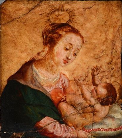 ECOLE ITALIENNE DU XVIIème siècle (Vers 1660) Vierge à l'enfant Huile sur marbre...