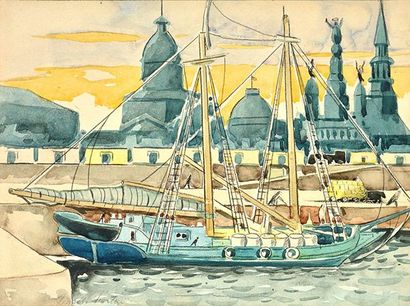 FORTIN, Marc-Aurèle ARCA (1888-1970) "Barge au port" Aquarelle Signée en bas à gauche:...