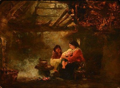 GOODAL, Frederick (1822-1904) G "Baby bedtime" Huile sur paneau Signée et datée dans...