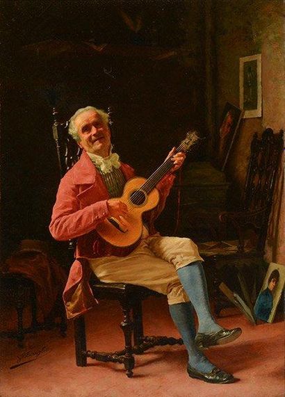 TORRIGLIA, Giovanni Battista (1858-1937) Le guitariste Huile sur toile Signée en...