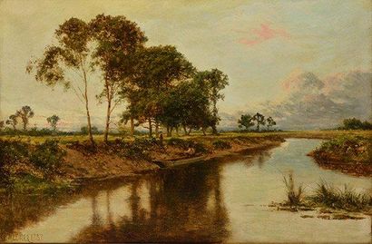 LEADER, Benjamin Williams (1831-1923) "Evening on the Lledr" Huile sur toile Signée...